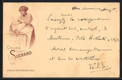 Lithographie Junge Frau mit einer Dose Cacao Suchard