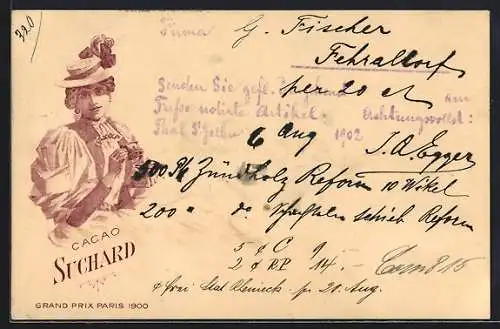 Lithographie Junge Frau mit elegantem Hut und einer Tasse Cacao Suchard