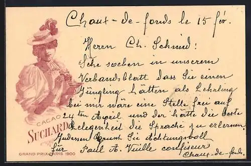 Lithographie Junge Frau mit elegantem Hut und einer Tasse Cacao Suchard