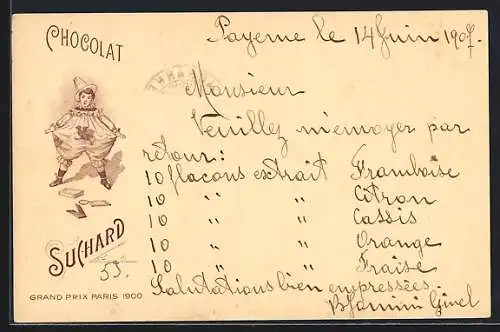 Lithographie Knabe im Karnevalskostüm vor einer Tafel Chocolat Suchard