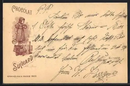 Lithographie Mädchen mit einem Bollerwagen voll Chocolat Suchard