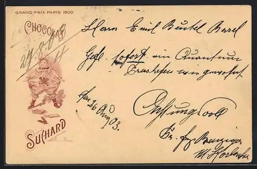 Lithographie Knabe im Karnevalskostüm vor einer Tafel Chocolat Suchard