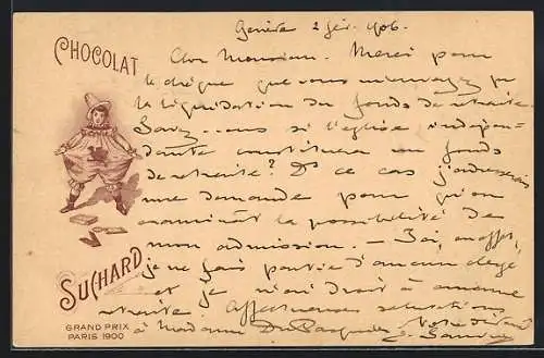 Lithographie Knabe im Karnevalskostüm vor einer Tafel Chocolat Suchard