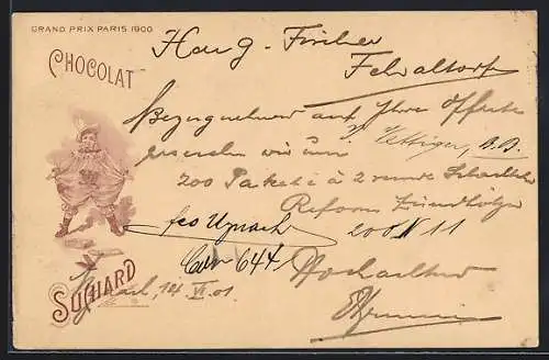 Lithographie Ein Knabe im Karnevalskostüm vor einer Tafel Chocolat Suchard