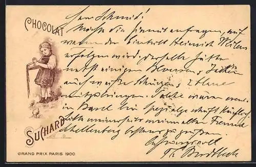 Lithographie Junges Mädchen mit überlaufender Schüssel Cacao Suchard