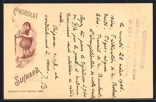 Lithographie Junges Mädchen mit überlaufender Schüssel Cacao Suchard