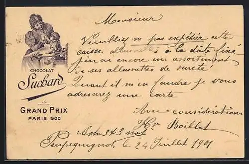 Lithographie Kleines Kind will Chocolat Suchard von der Mutter