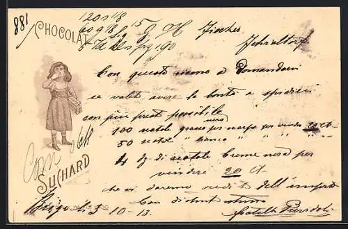 Lithographie Junges Mädchen mit einer Box voll Chocolat Suchard