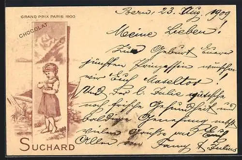 Lithographie Junges Mädchen im Kleid mit Chocolat Suchard