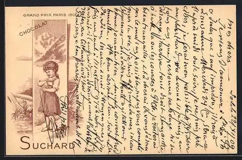 Lithographie Junges Mädchen in den Bergen mit Chocolat Suchard