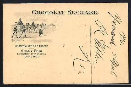 Lithographie Kamelkarawane mit einer Ladung Chocolat Suchard