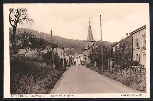 AK Brouvelieures, Route de Bruyères et vue sur le clocher de l`église