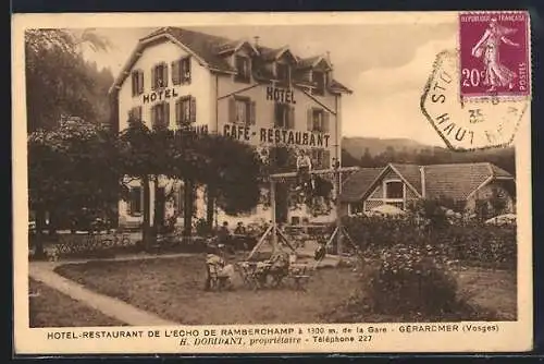 AK Gérardmer, Hôtel-Restaurant de l`Écho de Ramberchamp et jardin avec balancoire