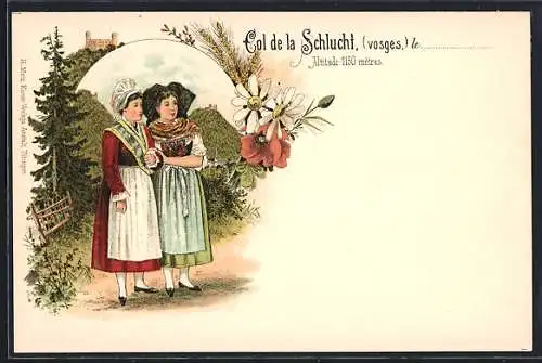 Lithographie Col de la Schlucht, Costumes traditionnels dans les Vosges à 1139 mètres d`altitude