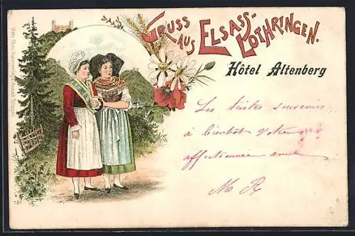 Lithographie Altenberg, Hotel Altenberg, Deux femmes en costumes traditionnels avec fleurs et paysage de forêt
