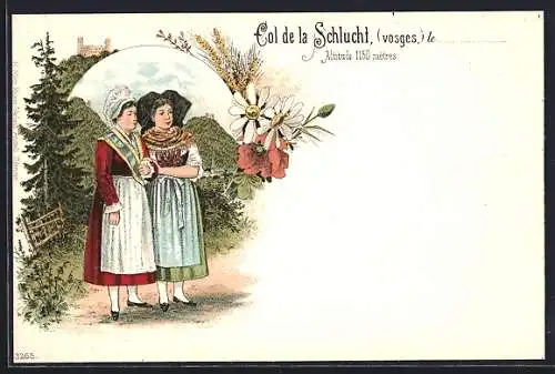 Lithographie Col de la Schlucht, Costumes traditionnels et fleurs des Vosges