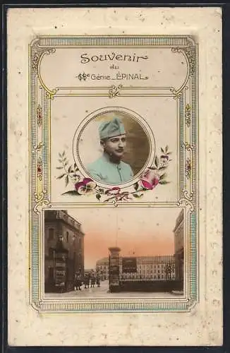 AK Épinal, Souvenir du Génie avec portrait et vue de la ville