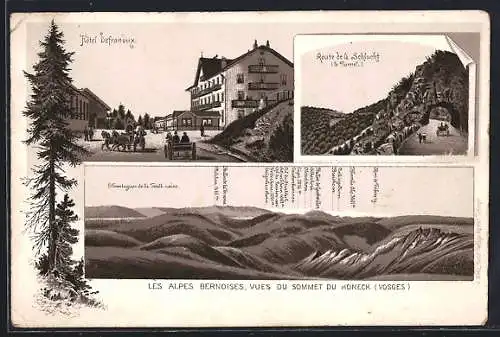Lithographie Hohneck, Vues des Alpes Bernoises et Hôtel Déparnoux avec Route de la Schlucht