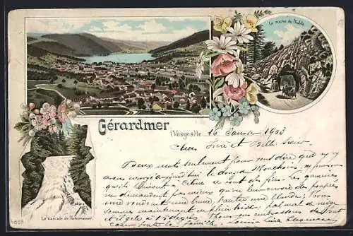Lithographie Gérardmer, Vue panoramique avec la roche du Diable et la cascade de Retournemer