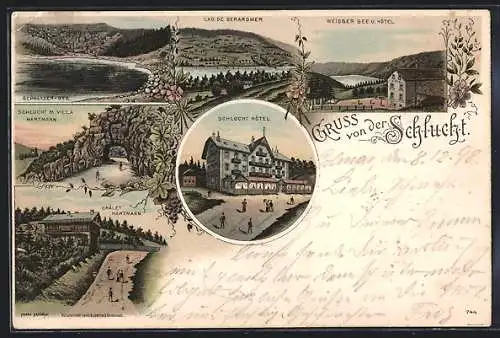 Lithographie Schlucht, Vue du lac de Gérardmer et hôtel Schucht