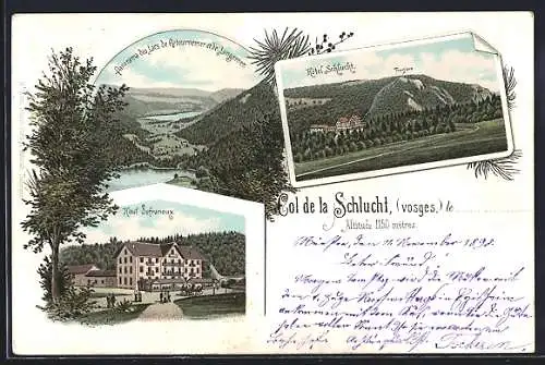 Lithographie Col de la Schlucht, Vue panoramique des Vosges et hôtels environnants