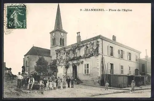 AK Jeanménil, Place de l`Église avec habitants et église en arrière-plan