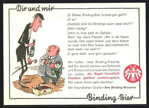 Künstler-AK Binding-Bier Werbung mit grossem dünnen und kleinem dicken Mann und Kasten Bier, Gespräch