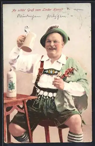 AK Der Linder Hansl in Lederhosen beim Bier