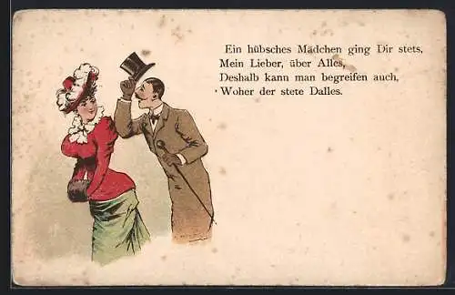 Lithographie Mann grüsst eine schöne Frau