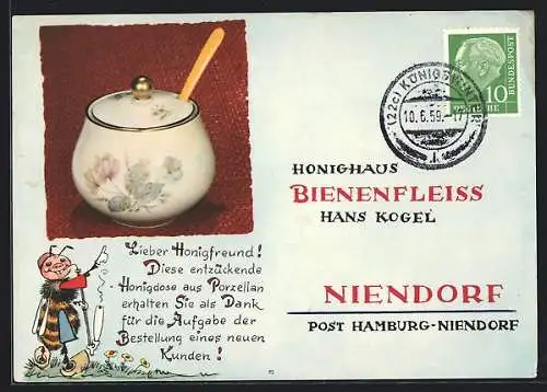 AK Niendorf, Honighaus Bienenfleiss, Hans Kogel, Honigdose aus Porzellan, Blau, Imkerei