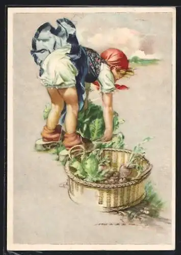 Künstler-AK Mädchen erntet Gemüse