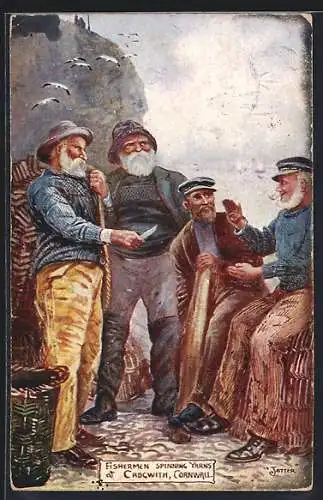 Künstler-AK Fishermen spinning Yarns at Cadgwith, Cornwall, Fischer prahlen voreinander
