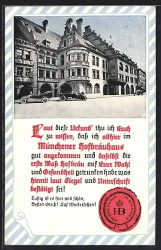 AK Münchner Hofbräuhaus, Aussenansicht, Trinkerurkunde