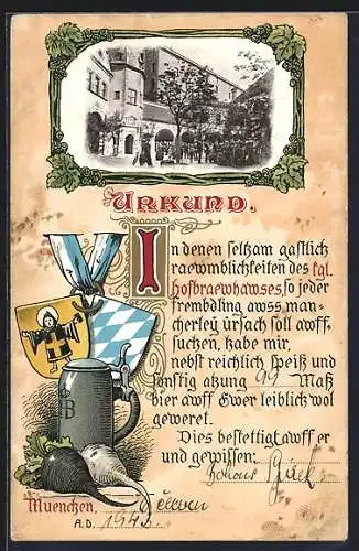 AK Münchner Hofbräuhaus, Aussenansicht, Trinkerurkunde, Bier und Radi