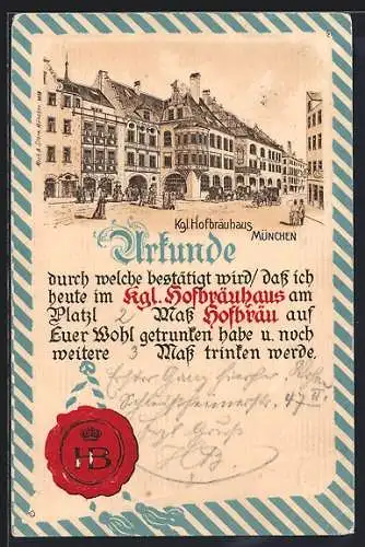 Lithographie München, Kgl. Münchner Hofbräuhaus, Urkunde über den Bierkonsum mit Siegel