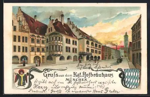 Lithographie Münchner Hofbräuhaus, Aussenansicht und Wappen