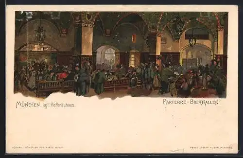 Lithographie München, Münchner Hofbräuhaus, Parterre-Bierhalle, Innenansicht