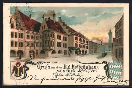 Lithographie Münchner Hofbräuhaus mit Münchner Kindl und Wappen