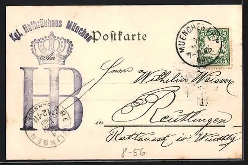 Lithographie Münchner Hofbräuhaus mit Münchner Kindl und Wappen