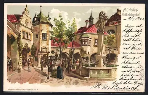 Lithographie München, Aussenansicht des Münchner Hofbräuhaus