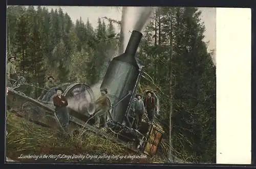 AK Large Donkey Engine pulling itself up a steep incline, Forestry