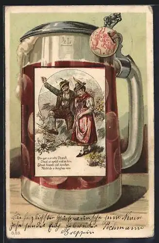 Lithographie Bierkrug mit einem Paar in Tracht