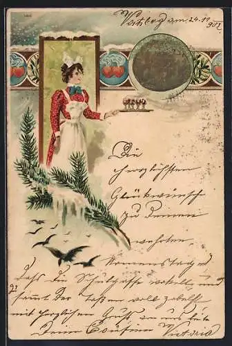 Lithographie Junge Frau serviert Glühwein