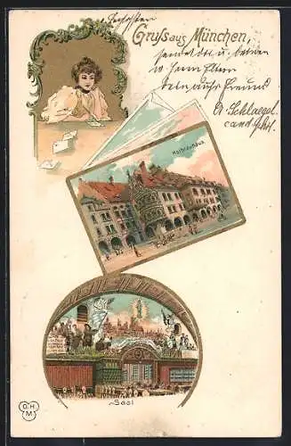 Lithographie München, Hofbräuhaus mit Saal