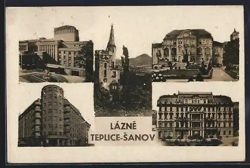 AK Teplice-Sanov, Park, Hochhaus und Kirche