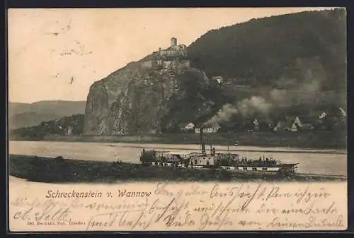 AK Aussig / Usti, Dampfschiff vor der Burgruine Schreckenstein