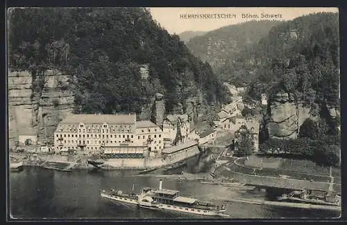 AK Herrnskretschen-Hrensko, Hotel Herrenhaus mit Brücke und Elbdampfer