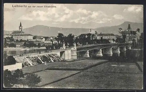 AK Leitmeritz / Litomerice, Stadtansicht mit der Elbbrücke im Vordergrund