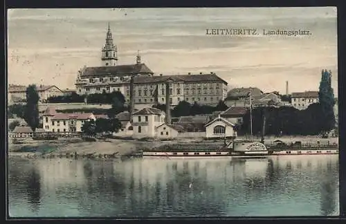 AK Leitmeritz / Litomerice, Ortsansicht mit Elbdampfer König Georg am Elbeufer