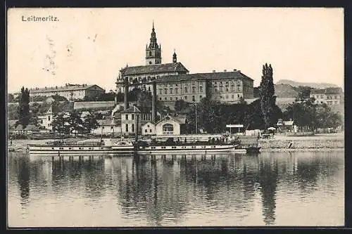 AK Leitmeritz / Litomerice, Ortsansicht mit Dampfer Kaiser Wilhelm